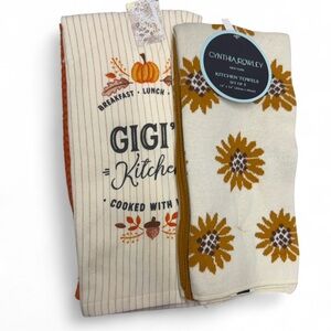 2 Sets of Cynthia Rowley Cream and Orange Kitchen Towels with Floral Design NWT